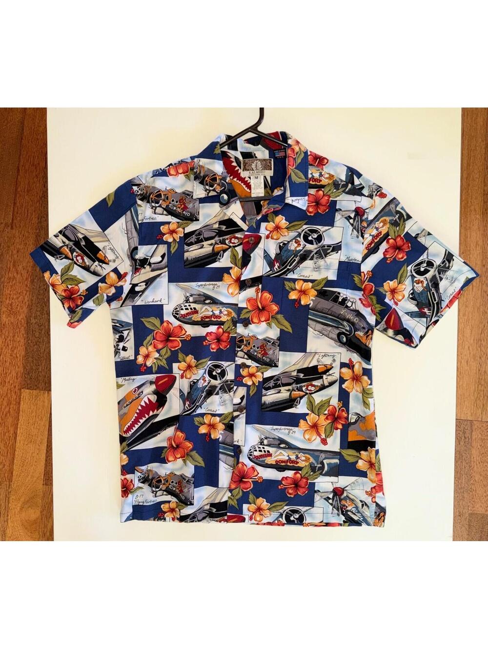 KALAHEO Hawaii HAWAIIAN SHIRT M Mens Colorful WWII US Airplanes Risque Nose Art